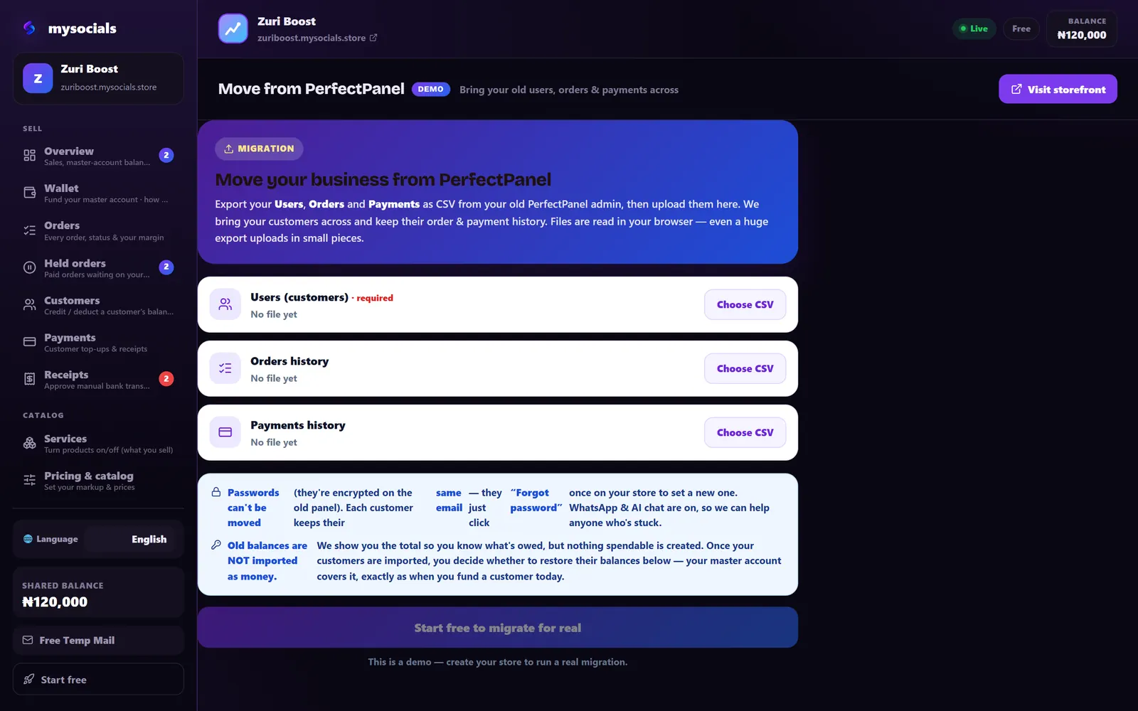 Upload your old panel's users, orders and payments