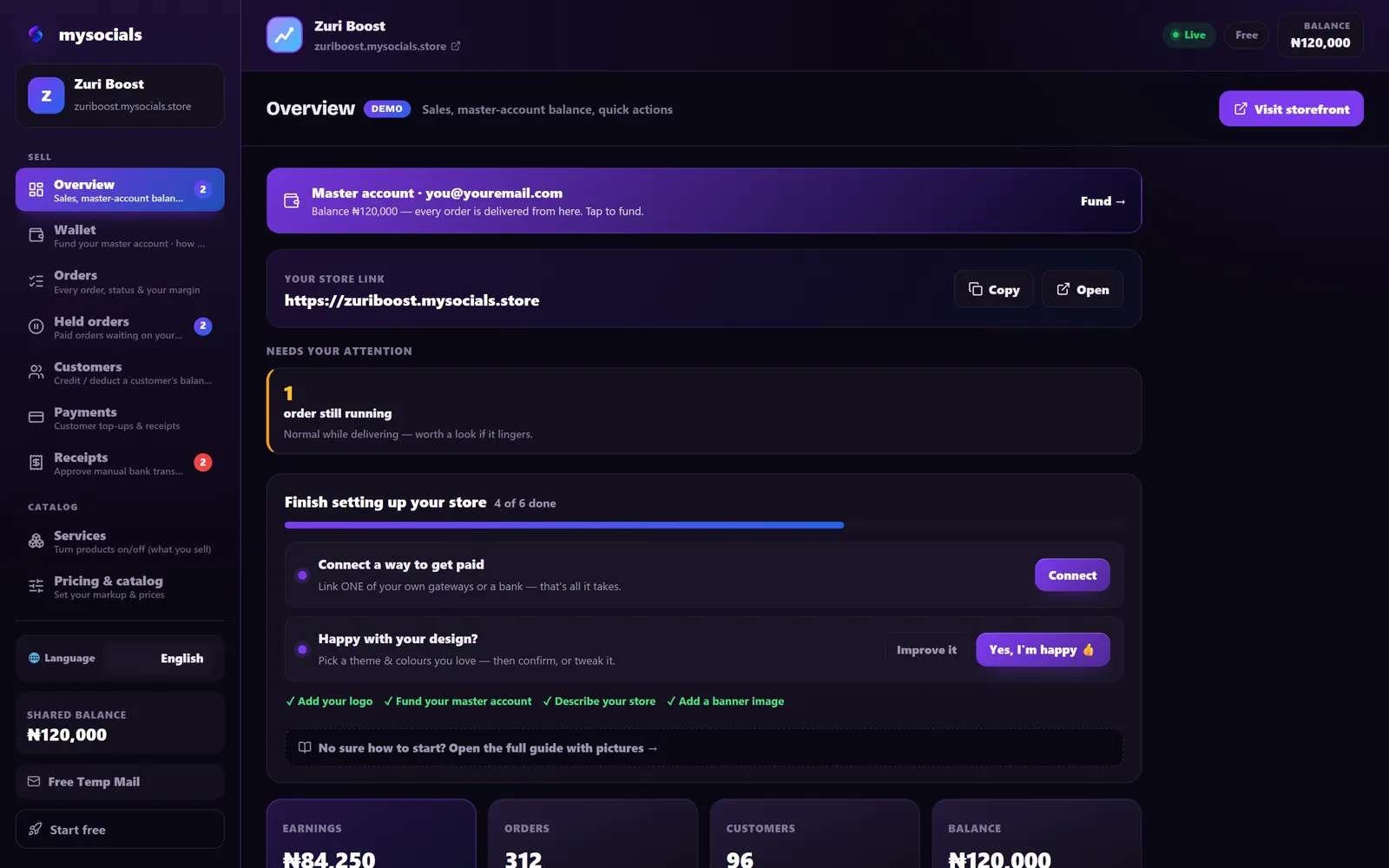 The store owner's admin: master balance, store link, setup checklist and sales