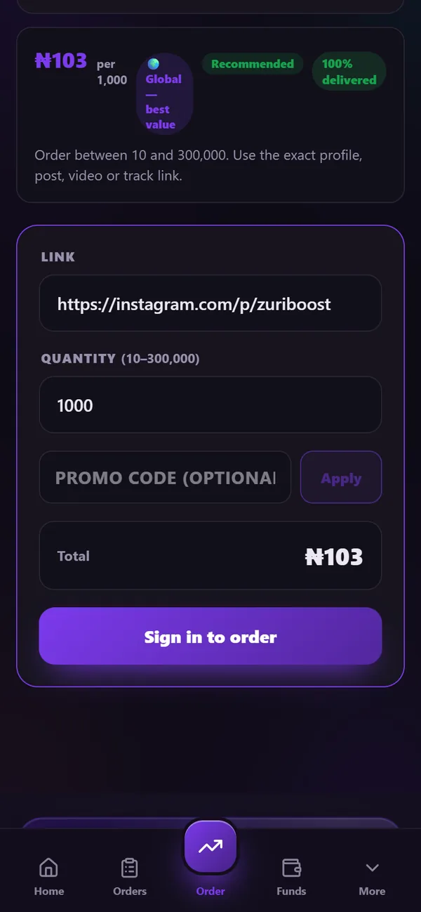 Ordering: link, quantity and a clear total
