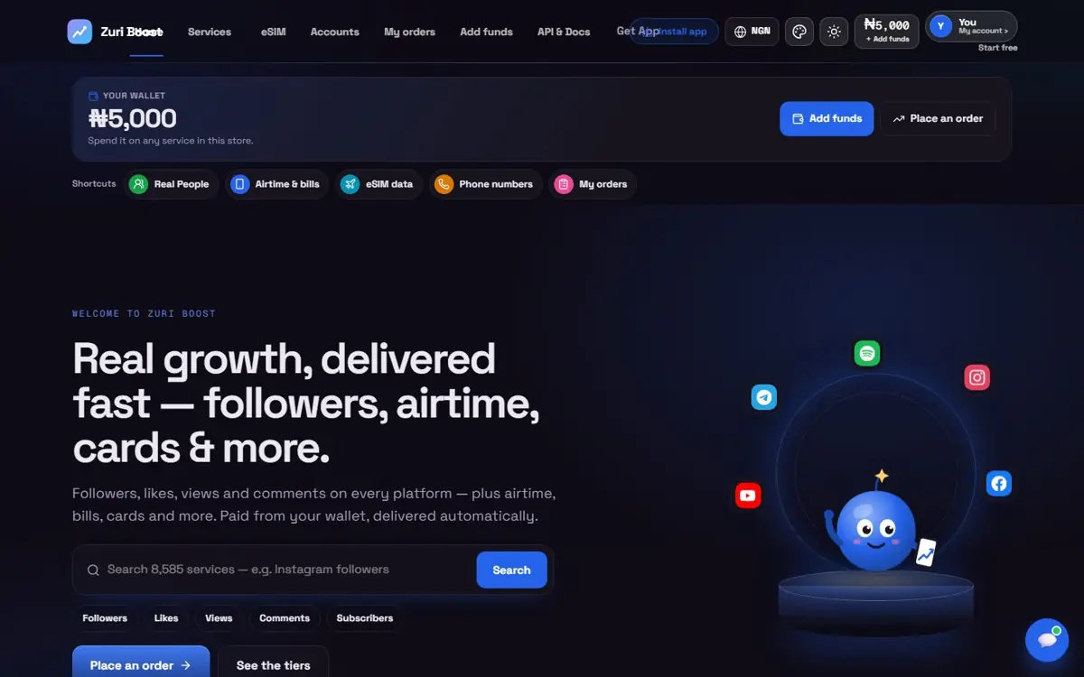 The Glass look: a storefront home page with wallet, shortcuts, headline and search (demo store under the sample name Zuri Boost)
