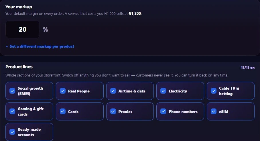 Pricing: your markup and all 11 product lines switched on (demo data)