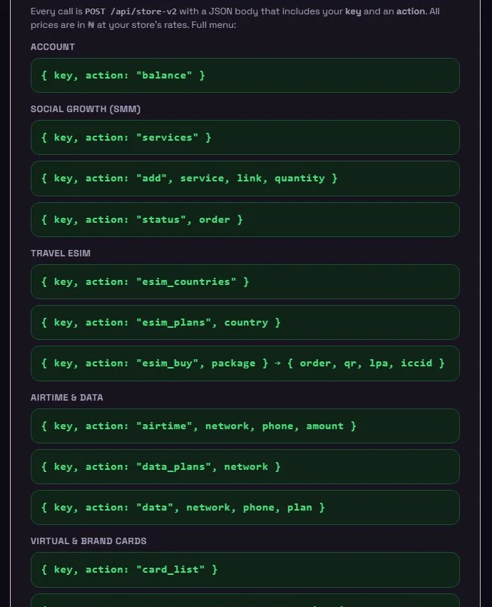 The Developer API page every store has: account, SMM and product actions