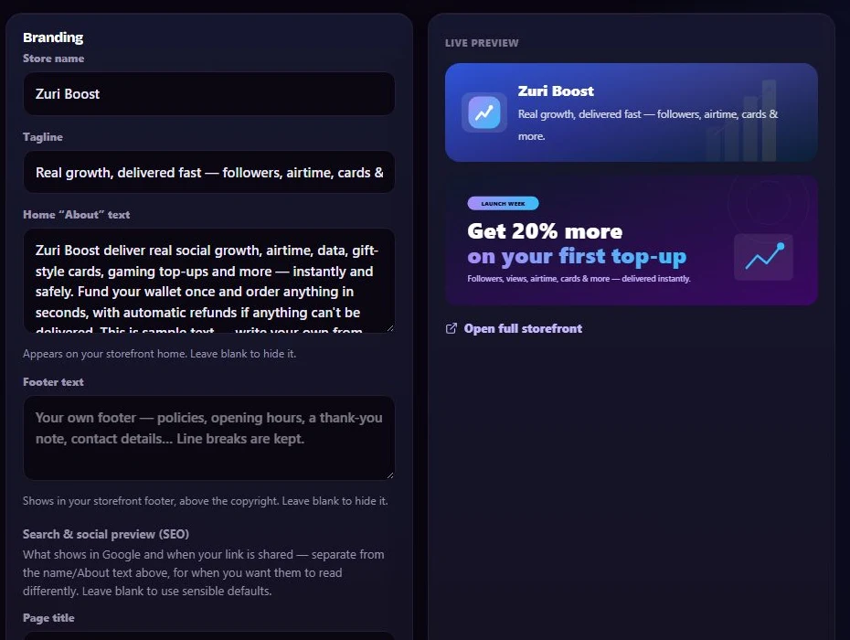 Branding: store name, tagline and about text with a live preview