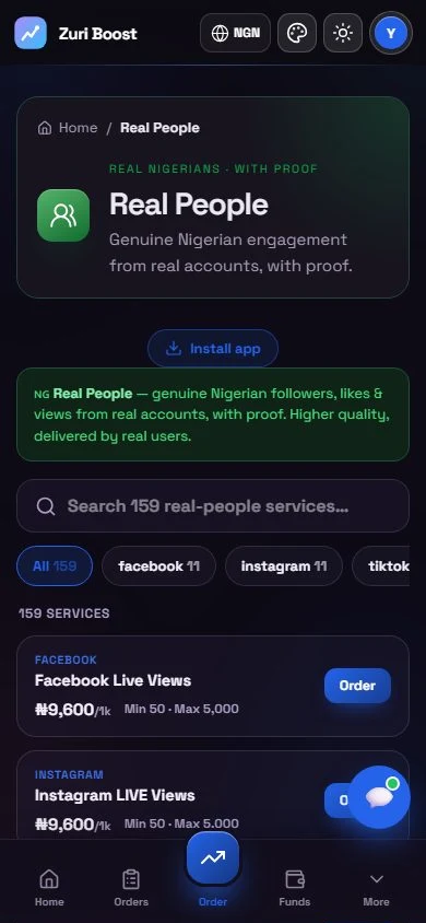A mysocials storefront on a phone listing Real People services with prices and Order buttons (demo store)