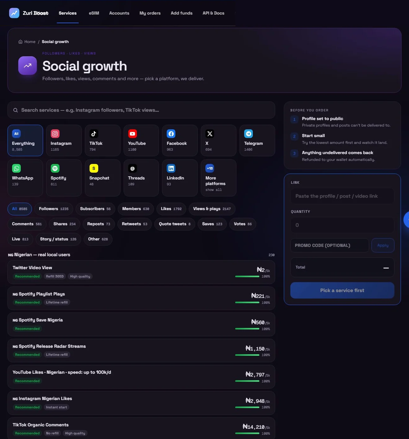 Ordering in a mysocials store: platforms with counts, service types, services with prices and the order box